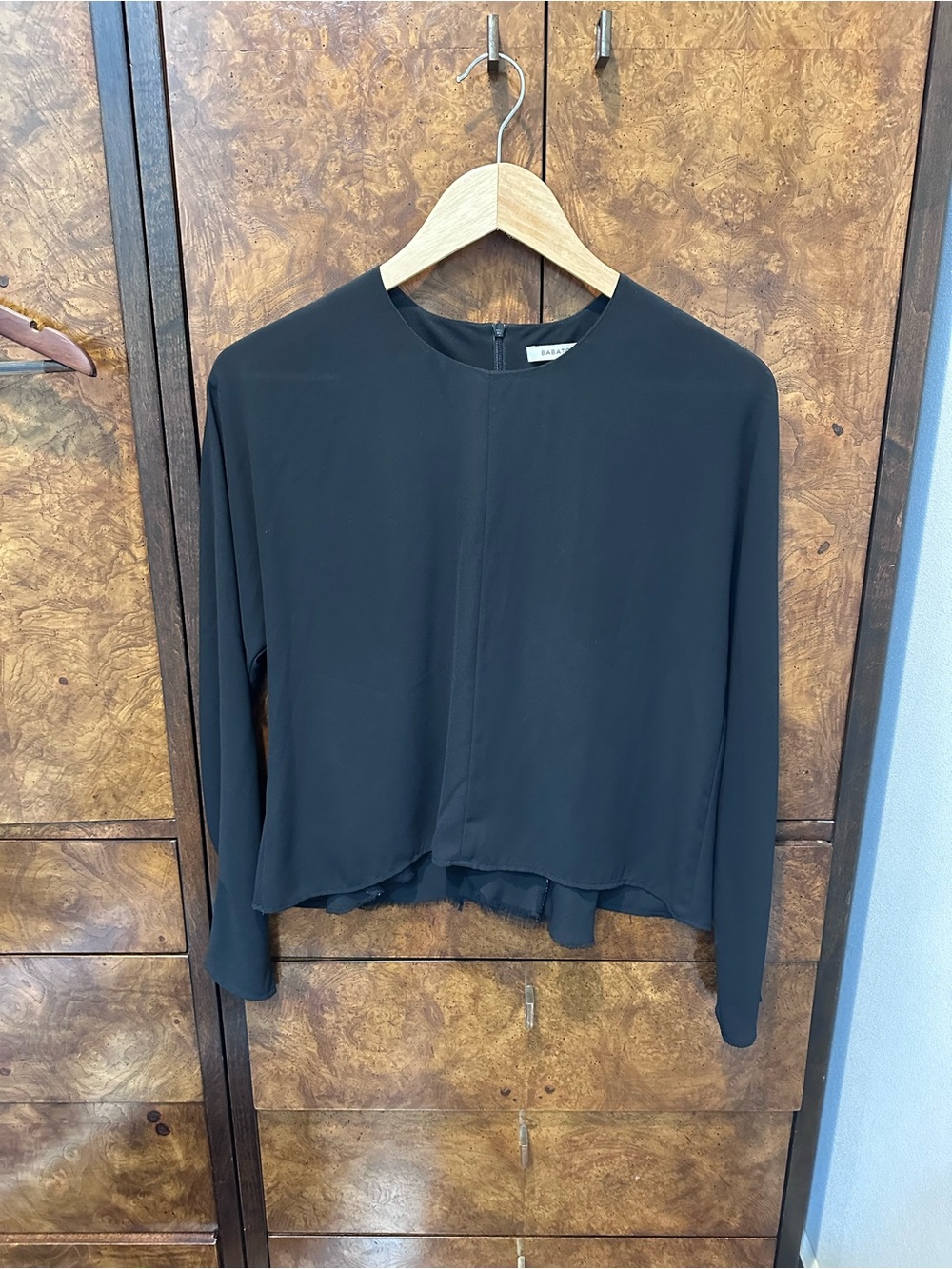 Babaton Silky Black Long-Sleeve Crewneck Blouse